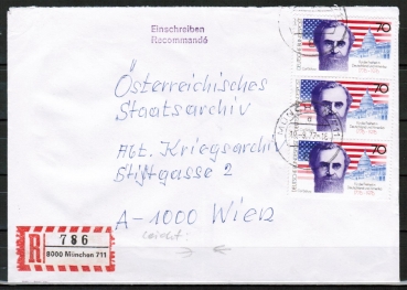 Bund 895 als portoger. MeF mit 3x 70 Pf Carl Schurz auf Auslands-Einschreibe-Brief bis 20g von 1977 nach sterreich, leichter Mittelbug