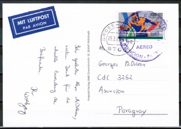 Bund 1408 als portoger. EF mit 100 Pf Sport 1989 auf Luftpost-Postkarte vom Mrz 1989 nach Paraguay