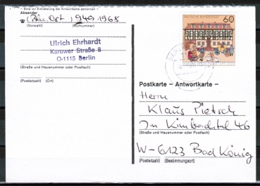 Bund 1564 als portoger. EF mit 60 Pf Wohlfahrt 1991 auf Inlands-Postkarte von 1991-1993 im Ankauf gesucht !