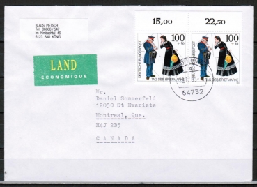 Bund 1692 als portoger. MeF mit 2x 100 Pf Tag der Briefmarke 1993 auf bersee-Land-Brief bis 50g von 1993 nach Kanada