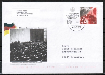 Bund 2051 als Sonder-Ganzsachen-Umschlag mit eingedr. Marke 110 Pf rote Marke aus 50 Jahre BRD-Block - 1999/2000 als Inlands-Brief gelaufen, codiert