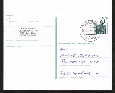 Bund 1341 als seltene Antwort-Ganzsachen-Postkarte P 143 II 60 Pf SWK - ohne Scheren-Symbol als Postkarte mit anhng. ungebr. Antwort-Karten-Teil