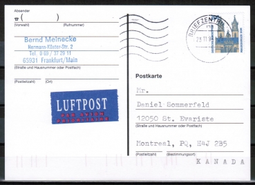 Bund 1665 als portoger. EF mit 200 Pf SWK aus Rolle auf bersee-Luftpost-Postkarte von 1993-2002 n. Kanada, codiert