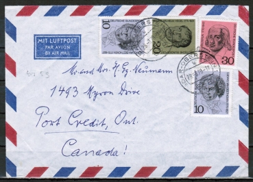 Bund 616-618 als portoger. MiF mit 10 + 20 +30 Pf Berhmte Deutsche auf Luftpost-Brief bis 5g von 1970 in die USA
