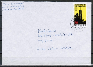 Bund 963 als portoger. EF mit 50 Pf Deutsches Museum Mnchen auf Inlands-Brief bis 20g von 1978