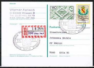 Bund 980 als Sonder-GA-Pk PSo 5 - 40 Pf Tag der Marke - mit 140 Pf SM Zusatz als Einschreib-Postkarte mit SSt von 1978