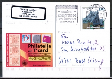 Bund 2109 als Sonder-Ganzsachen-Postkarte mit eingedruckter Marke 100 Pf Blaues Wunder / Brcke Dresden als Inlands-Postkarte von 2000, codiert