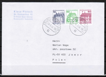 Bund 913+1038+1028 u.g. als portoger. Zdr.-EF mit 10+grne50+rote60 Pf B+S als Zdr. unten geschnitten aus MH auf Brief bis 20g von 1982-1989 n. Polen/Ank.