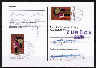 Bund 924 als portoger. MeF mit 2x 70 Pf EZM aus Jugendstilblock auf Anschriftenprfungs-Postkarte vom Juli 1997, codiert