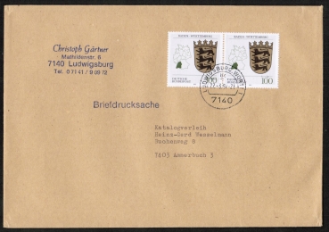 Bund 1586 als portoger. MeF mit 2x 100 Pf Baden Wrttemberg auf Briefdrucksache 50-100g von 1992, 14x20 cm