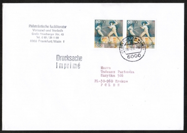 Bund 1592 als portoger. MeF mit 2x 60 Pf Sport 1992 auf Auslands-Drucksache 20-50g von 1992 nach Polen, AnkStpl., 14x20 cm