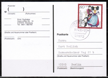 Bund 1757 als portoger. EF mit 80 Pf Wohlfahrt 1994 / Bckeburg auf Inlands-Postkarte von 1994-1997, codiert