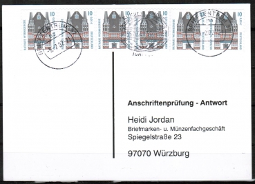 Bund 2187 MeF mit 6x 10 Pf / 0,05  SWK D/u.g. aus Skl.-MH auf Sammel-Anschriftenprfungs-Postkarte