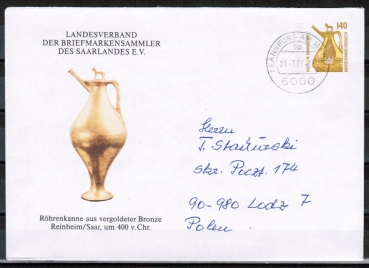 Bund 1401 als Privat-Ganzsachen-Umschlag mit eingedruckter Marke portoger. als Ausl.-Brief bis 20g von 1989 n. Polen, AnkStpl.