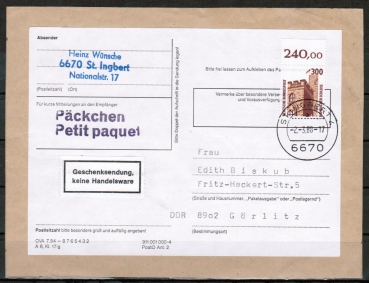 Bund 1348 als portoger. EF mit 300 Pf SWK aus Bogen mit Oberrand auf Pckchen-Adresse 500-2000g von 1988 in die DDR