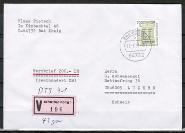 Bund 1691 als portoger. EF mit 700 Pf SWK aus Rolle auf Ausl.-Wertbrief 20-50g von 1993-1997 in die Schweiz