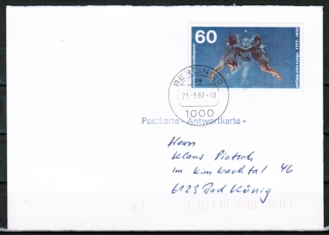 Bund 940 als portogerechte Einzelfrankatur mit 60 Pf Philipp Otto Runge auf Inlands-Postkarte von 1987
