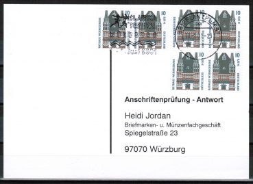 Bund 2139 MeF mit 6x 10 Pf / 0,05  SWK aus Bogen auf Anschriftenprfungs-Postkarte