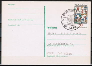 Bund 922 als portoger. EF mit 50 Pf Eulenspiegel auf Inlands-Postkarte von 1979-1982