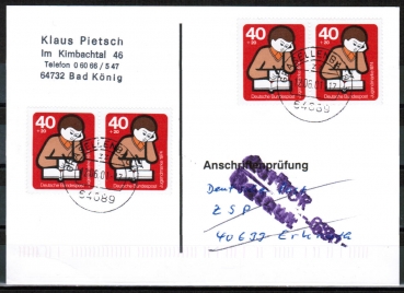 Bund 802 als portoger. MeF mit 4x 40 Pf Jugend 1974 auf Einzel-Anschriftenprfungs-Postkarte von 2000/2002, codiert