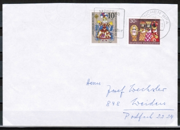 Bund 749 als portoger. MiF mit 30 Pf Weihnacht 1972 + 10 Pf Weihn. auf Inlands-Brief bis 20g von 1973