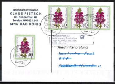 Bund 819 als  portoger. MeF mit 4x 40 Pf Wohlfahrt 1974 auf Einzel-Anschriftenprfungs-Postkarte von 1997-2002, codiert + rs. Stpl.