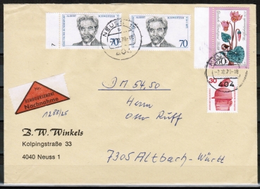 Bund 830 als portoger. MiF mit 2x 70 Pf Albert Schweitzer + Zusatz auf Nachnahme-Brief 20-50g von 1978
