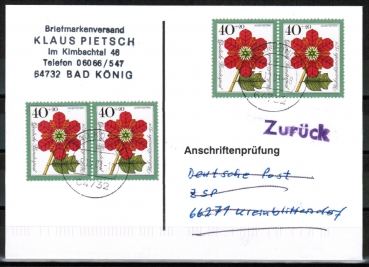 Bund 824 als portoger. MeF mit 4x 40 Pf Weihnachten 1974 auf Einzel-Anschriftenprfungs-Postkarte von 1997-2002, codiert