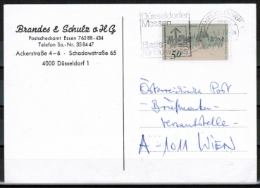 Bund 863 als portoger. EF mit 50 Pf Xanten auf Auslands-Postkarte von 1977 nach sterreich
