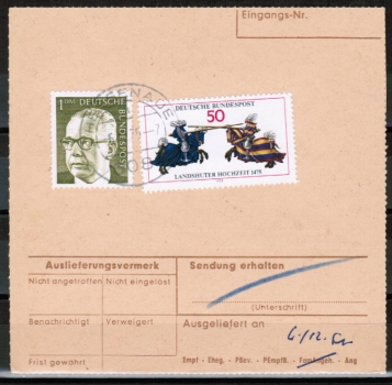 Bund 844 als portoger. MiF mit 50 Pf Landsh. Hochzeit + 1,- DM Heinemann fr Paketzustellgebhr rs. auf Nachnahme-Paketkarte von 1975