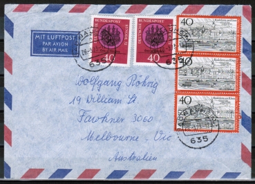 Bund 762 - 10 Pf berfrank. MiF mit 3x 40 Pf Rdesheim + 2x 40 Pf SM auf Luftpost-Brief 10-15g von 1973 nach Australien