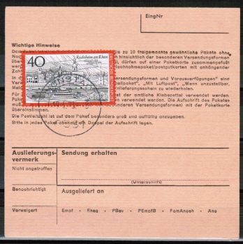 Bund 762 als portoger. MiF mit 40 Pf Rdesheim + 2x 1,- DM Heinemann auf Inlands-Paketkarte von 1973