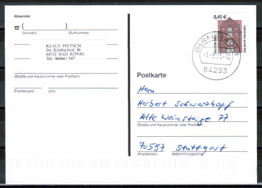 Bund 2299 als portoger. EF mit 0,45  SWK aus Rolle, Sicherheitsfarbe ganzflchig, auf Inlands-Postkarte von 2003-2019, codiert