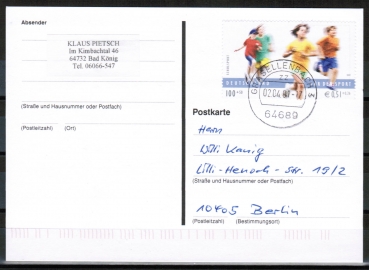Bund 2165 als portoger. EF mit 100 Pf / 0,51  Sport 2001 auf Inlands-Postkarte von 2001/2002 im Ankauf gesucht !