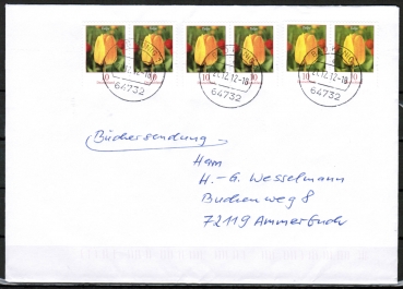 Bund 2484 als portoger. MeF mit 6x 10 Cent Blumen / Tulpe u.g. aus Zdr.-Blatt auf Inlands-Bchersendung 20-50g von 2007-2012, codiert