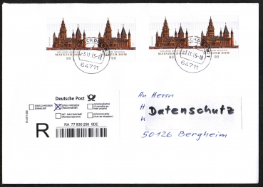 Bund 2752 als portoger. MeF mit 4x 90 Cent Mainzer Dom auf Inlands-bergabe-Einschreibe-Brief 14x20 cm von 2015