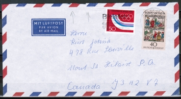 Bund 875 als portoger. MiF mit 50 Pf Olympische Spiele + 40 Pf SM auf Luftpost-Brief bis 5g von 1976 nach Kanada