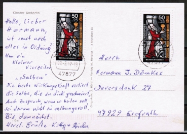 Bund 955 als portoger. MeF mit 2x 50 Pf EZM aus Weihnachts-Block 15 auf Inlands-Postkarte vom Mrz 2002, codiert