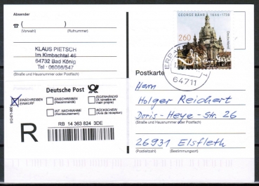 Bund 3219 Skl. (Mi. 3224) als portoger. EF mit 260 Cent Bhr-Kuppelkirche als Skl.-Marke auf Einwurf-Einschreib-Postkarte von 2016-2019, codiert