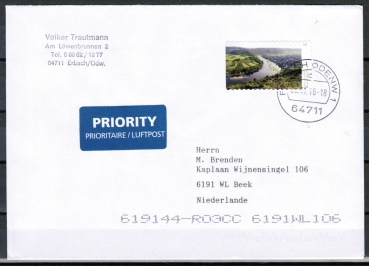 Bund 3226 Skl. (Mi. 3242) als portoger. EF mit 90 Cent Moselschleife rechts wei� als Skl.-Marke auf Auslands-Brief bis 20g von 2016-2019, NL/codiert