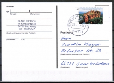 Bund 3248 Skl. (Mi. 3251) als portoger. EF mit 45 Cent Schsische Schweiz als Skl.-Marke auf Inlands-Postkarte von 2016-2019, codiert