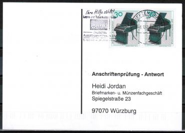 Bund 783 als portoger. MeF mit 2x 30 Pf Wohlfahrt 1973 auf Sammel-Anschriftenprfungs-Postkarte von 2000/2002, codiert