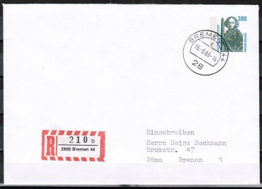 Bund 1381 als Ganzsachen-Umschlag mit eingedruckter Marke 280 Pf SWK portogerecht als Einschreib-Brief im Aug. 1988 verwendet