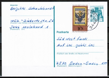 Bund 903 als portoger. MiF mit 10 Pf Tag der Briefmarke 1976 als Zusatz auf 40 Pf Ganzsachen-Postkarte von 1979