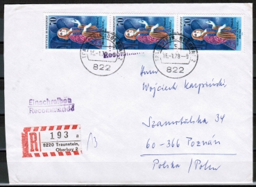 Bund 911 als portoger. MeF mit 3x 70 Pf Hermine Krner auf Auslands-Einschreibe-Brief bis 20g von 1978 nach Polen