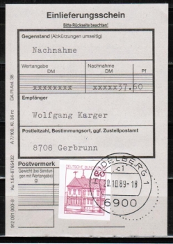 Bund 1028 als GAA / Ganzsachen-Ausschnitt aus Letterset-GA-PK mit roter 60 Pf B+S auf Einlieferungsschein fr einen NN-Brief von 1989-1993