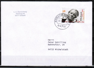 Bund 3037 als portoger. EF mit 58 Cent Willy Brandt auf Inlands-Brief bis 20g von 2013, codiert