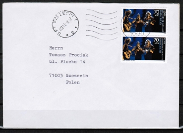 Berlin 809 als portoger. MeF mit 2x 70 Pf Jugend 1988 auf Auslands-Brief bis 20g von 1989-1991 von Berlin nach Polen, AnkStpl.