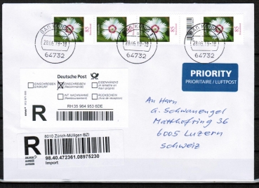 Bund 3116 als portoger. MeF mit 4x 85 Cent Blumen aus Rolle mit Strichcode-Feld auf Auslands-Einschreibe-Brief von 2017-2019 in die Schweiz, Label