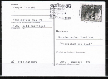 Bund 871 als portoger. EF mit 50 Pf Gustav Stresemann EZM aus Block auf Inlands-Postkarte von 1979-1982